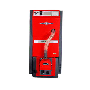 Pelletkessel ATMOS PX10 in rot 🔥| Förderfähig ohne Partikelabscheider, optimale Energieeffizienz 💡.