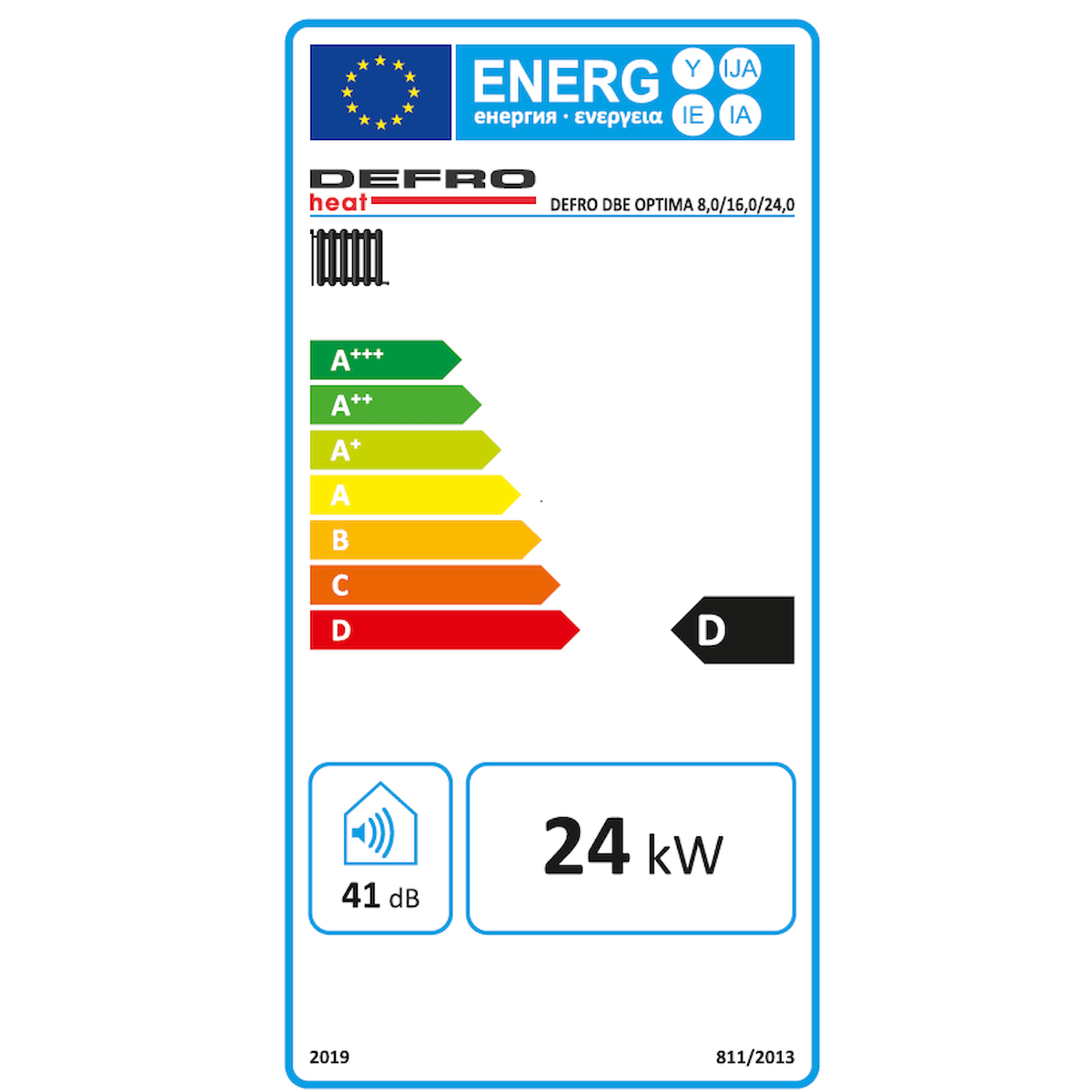 Energieeffizienzlabel DEFOR DBE OPTIMA 24 kW, Energieklasse D, Geräuschpegel 41 dB, Umweltfreundlichkeit 👍