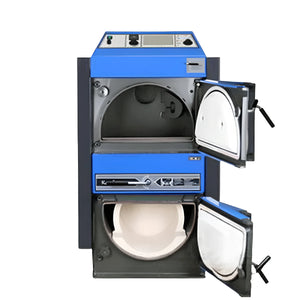 Blaue und graue zweitürige Ofen im Produkt Kohlekessel Atmos KC25S für effizientes Heizen