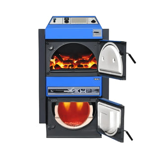 Blaue und schwarze Holzofen mit offenen Türen für effizientes Heizen mit Kohle und Holz