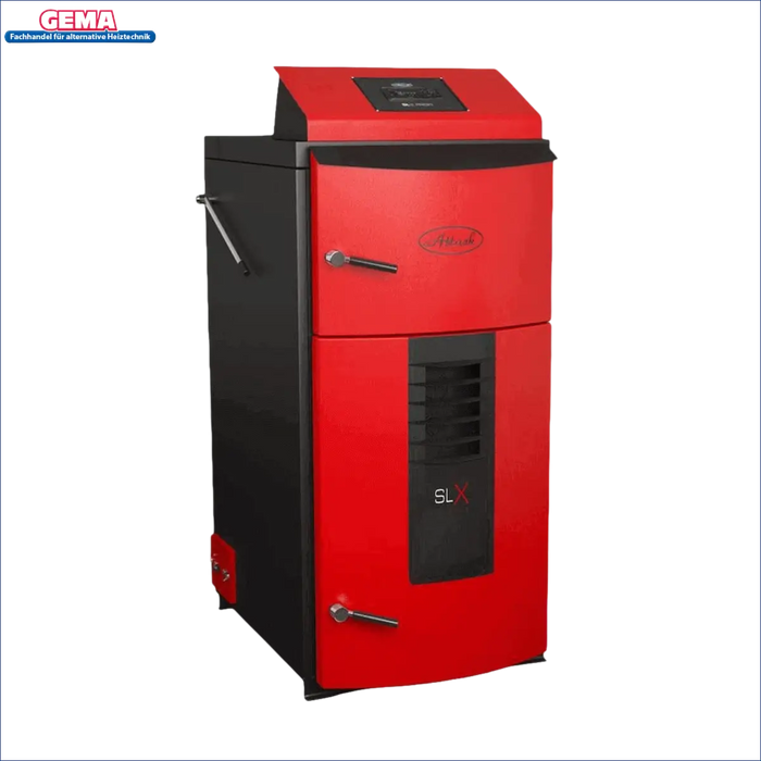 Roter und schwarzer Holzvergaser-Ofen im Attack SLX Profi 55 kW Design