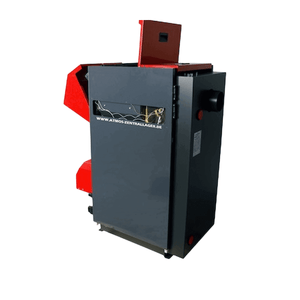 Pelletkessel ATMOS PX10 in modernem Design mit rotem und grauem Gehäuse, förderfähig ohne Partikelabscheider.