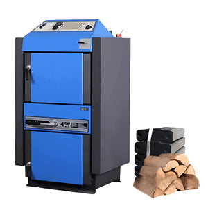 Blaue und graue Holzofen mit Brennstoff für effizientes Heizen, Kohlekessel Atmos KC25S