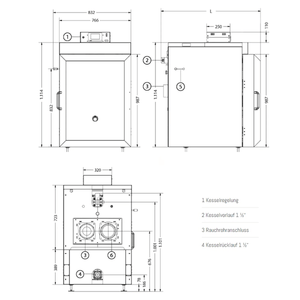 Technische Zeichnung eines Boilers mit Maßen für IBC Holzvergaserkessel GK-7k-Öko
