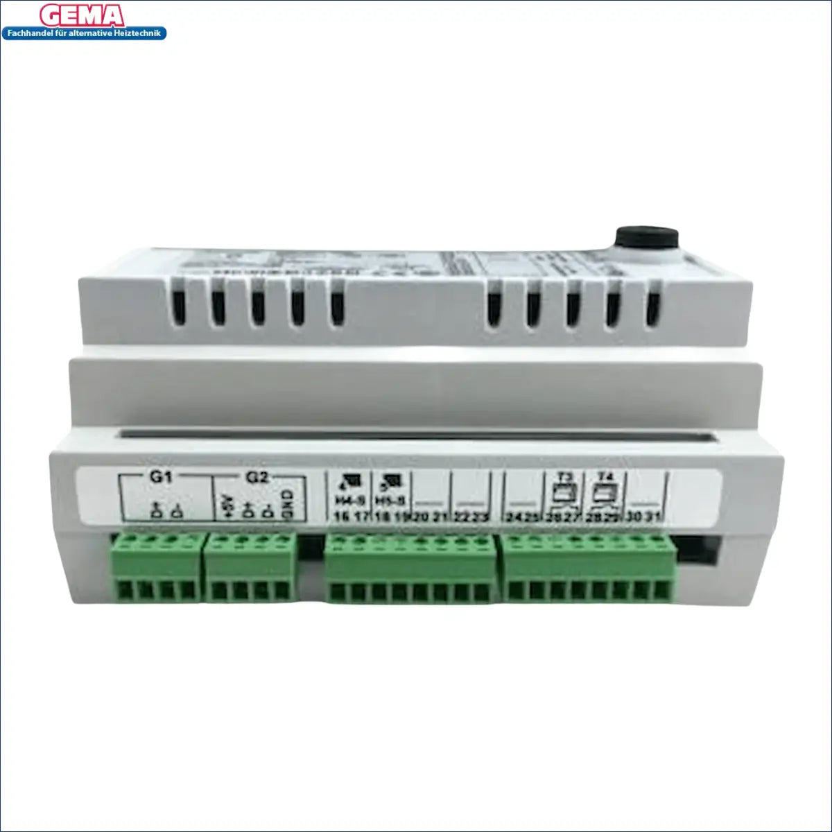 Graues elektronisches Steuergerät mit grünen Anschlussklemmen für GEMA Control