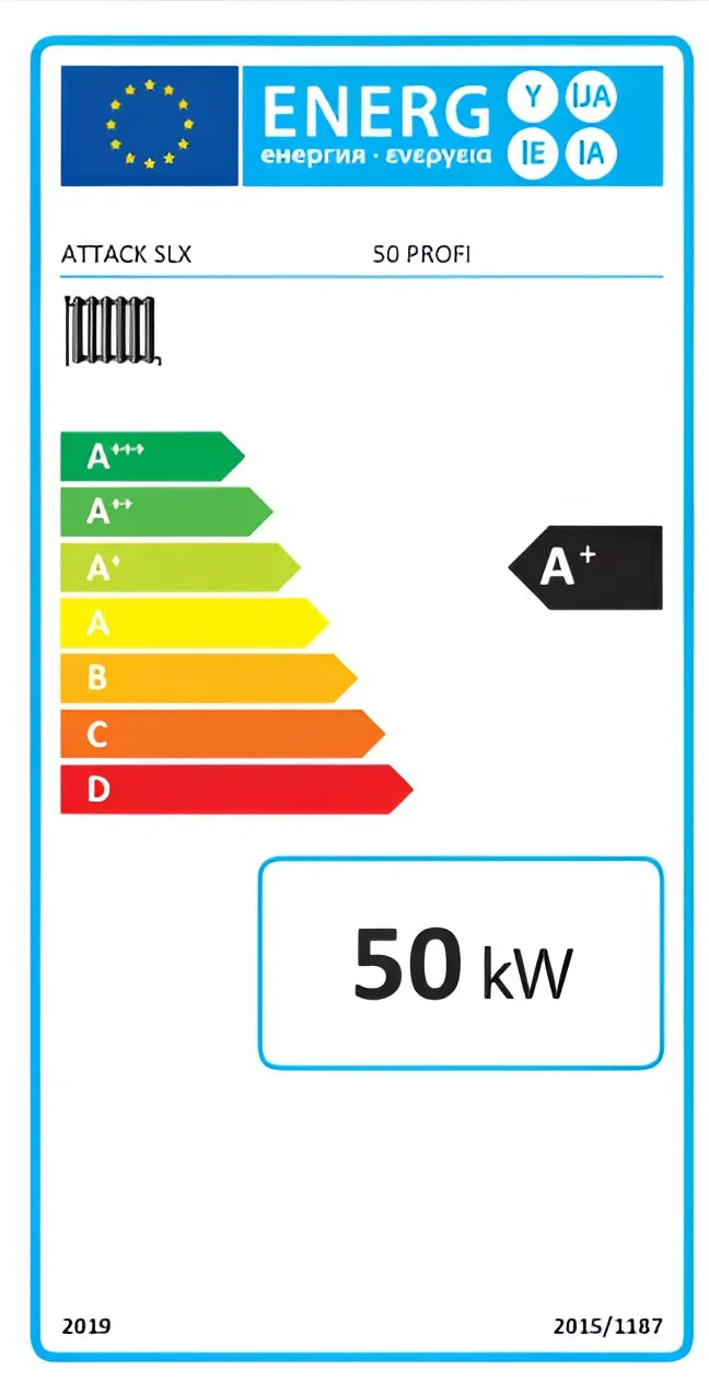 Energieeffizienz-Label auf Holzvergaserkessel Attack SLX Profi 50 kW zeigt Effizienz