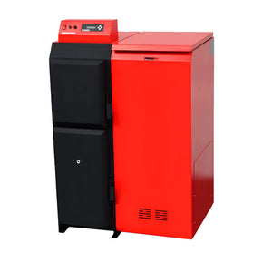 Red and black Thermoflux Pelling 25/230 Pelletkessel mit Hygienespeicher und Liter Anschluss Paket