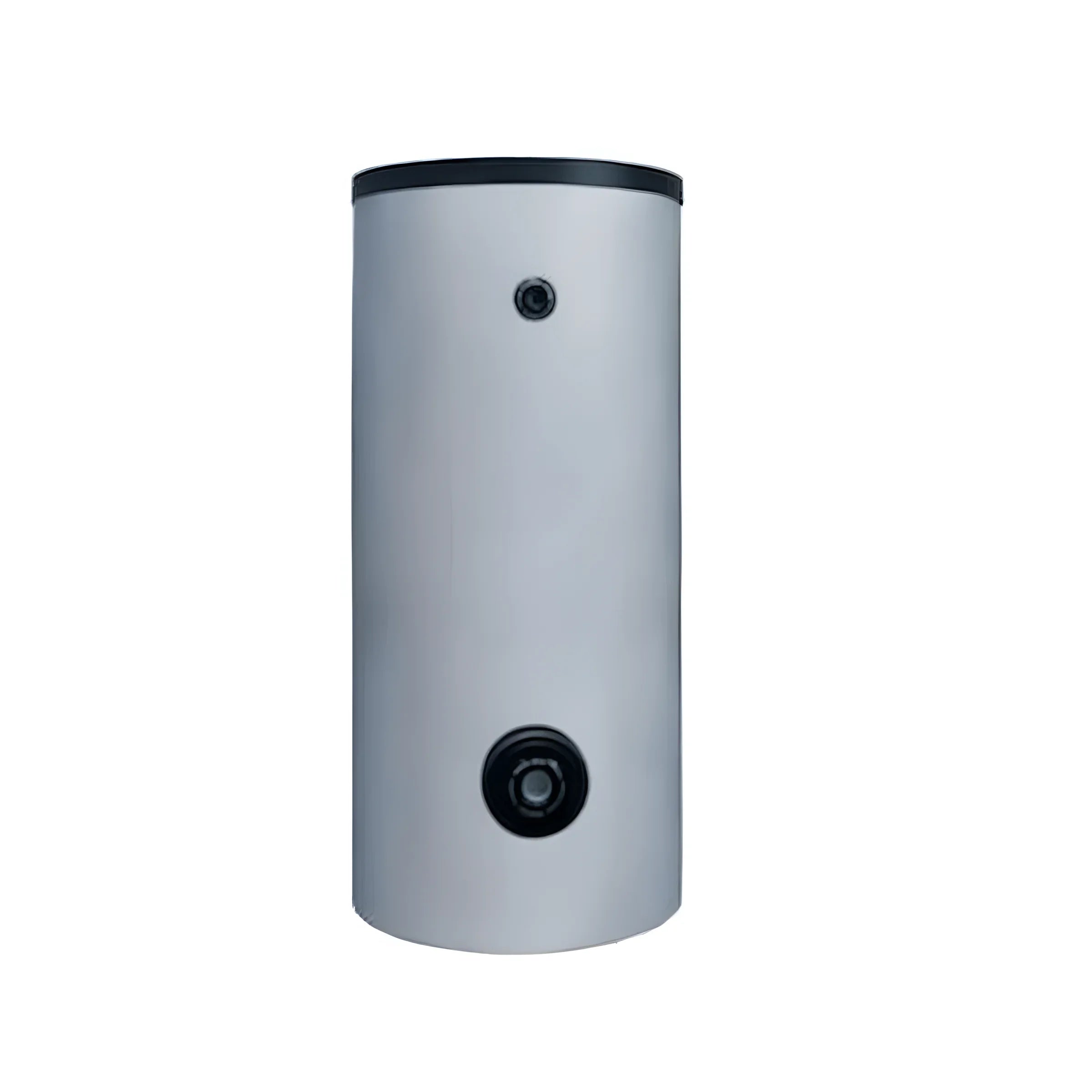 Cylindrischer Warmwasserspeicher Sunex Fish S15 mit schwarzen Rahmen und technischen Daten
