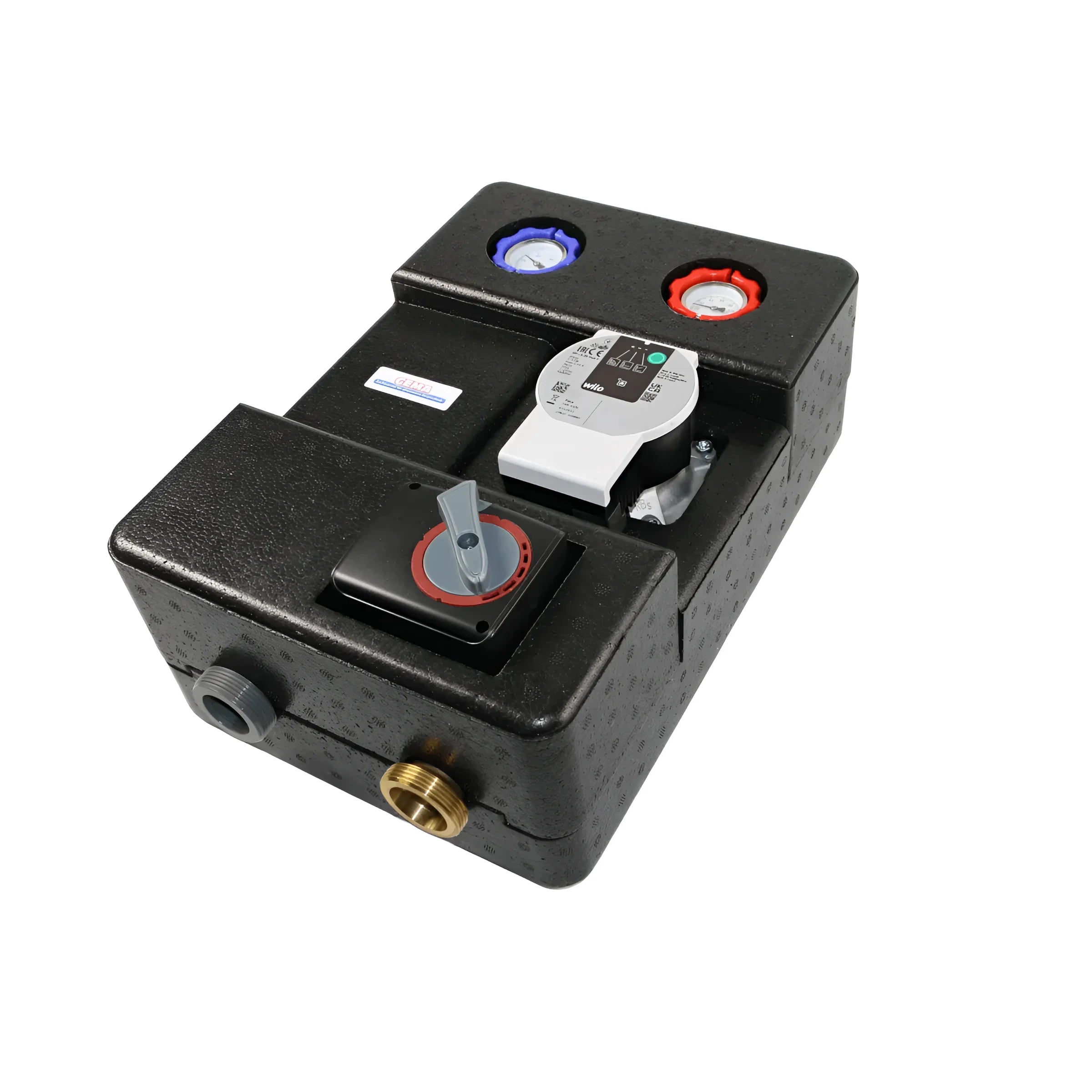 Schwarze isolierte Hydraulikeinheit mit Anzeigen und Steuerung für GEMA Pumpengruppe DN25