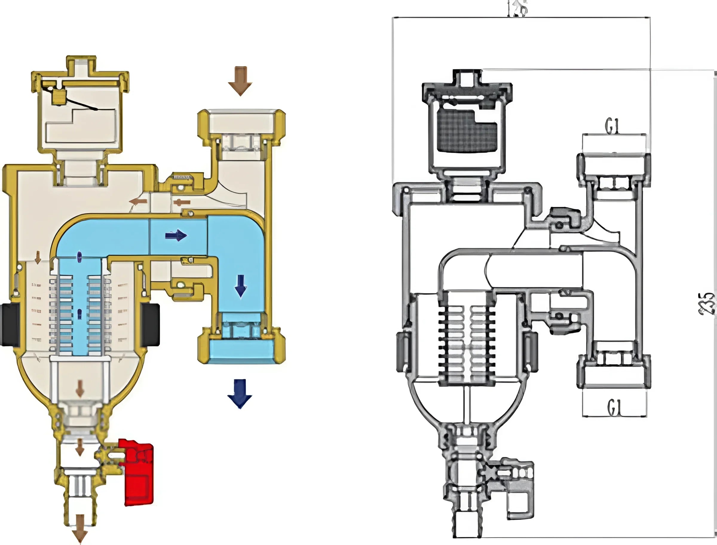 Cutaway view of Schlammabscheider DN 25 wita trap magnet mit Maßangaben