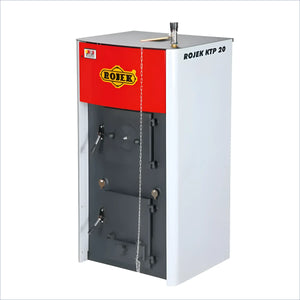 Roter und weißer Boiler mit zwei Türen für Vergaserkessel Rojek KTP 20 kW