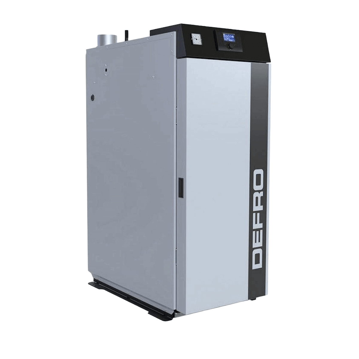 Grauer und schwarzer Holzvergaserkessel Defro Optima HG 25 kW vor weißem Hintergrund