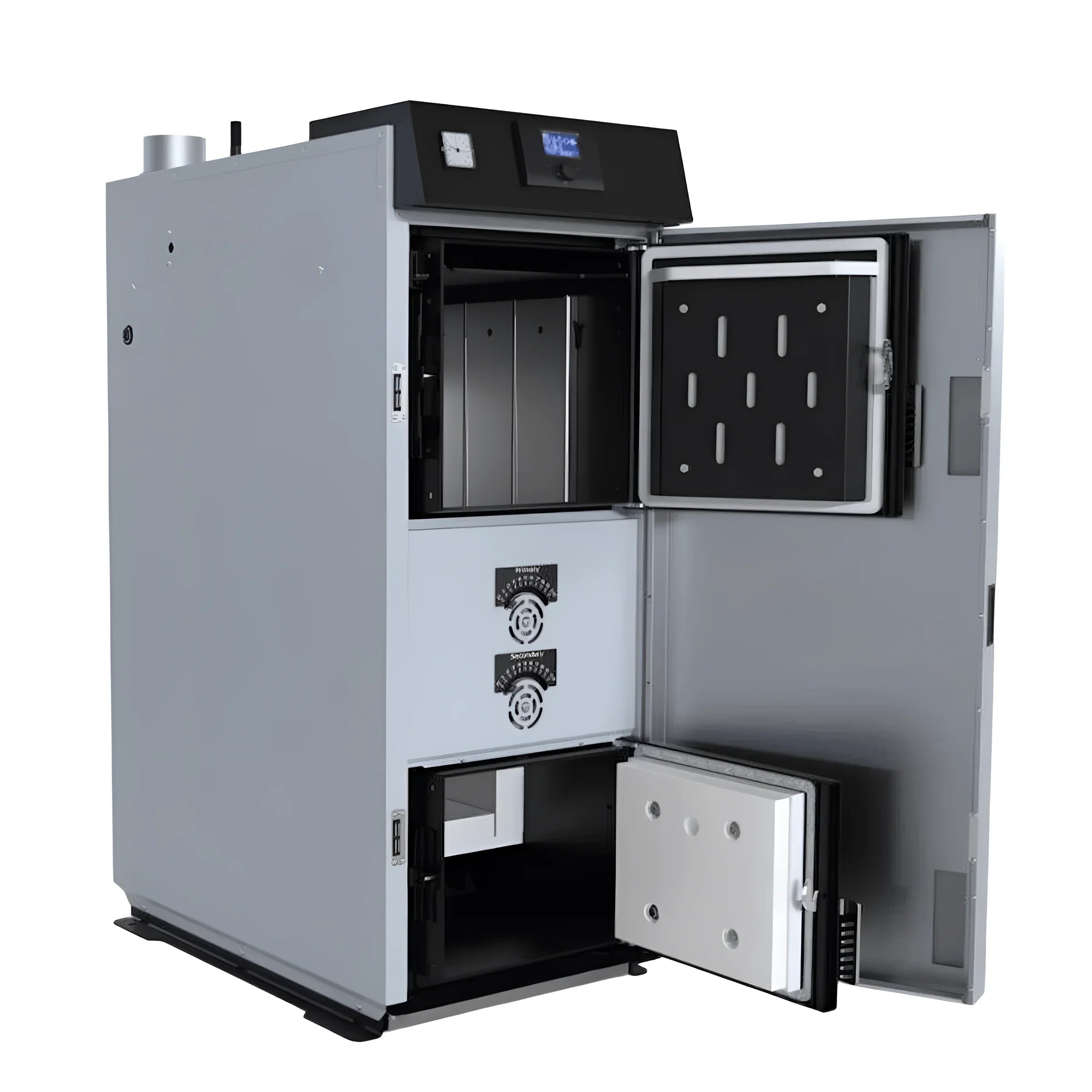 Grauer industrieller Ofen mit offenen Türen vom Defro Optima HG Holzvergaserkessel 25 kW
