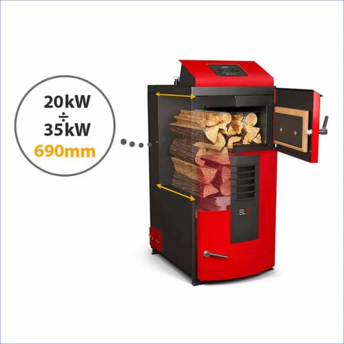 Roter und schwarzer Holzvergaserkessel Attack SLX Kombikessel 20 kW für Holz und Pellets