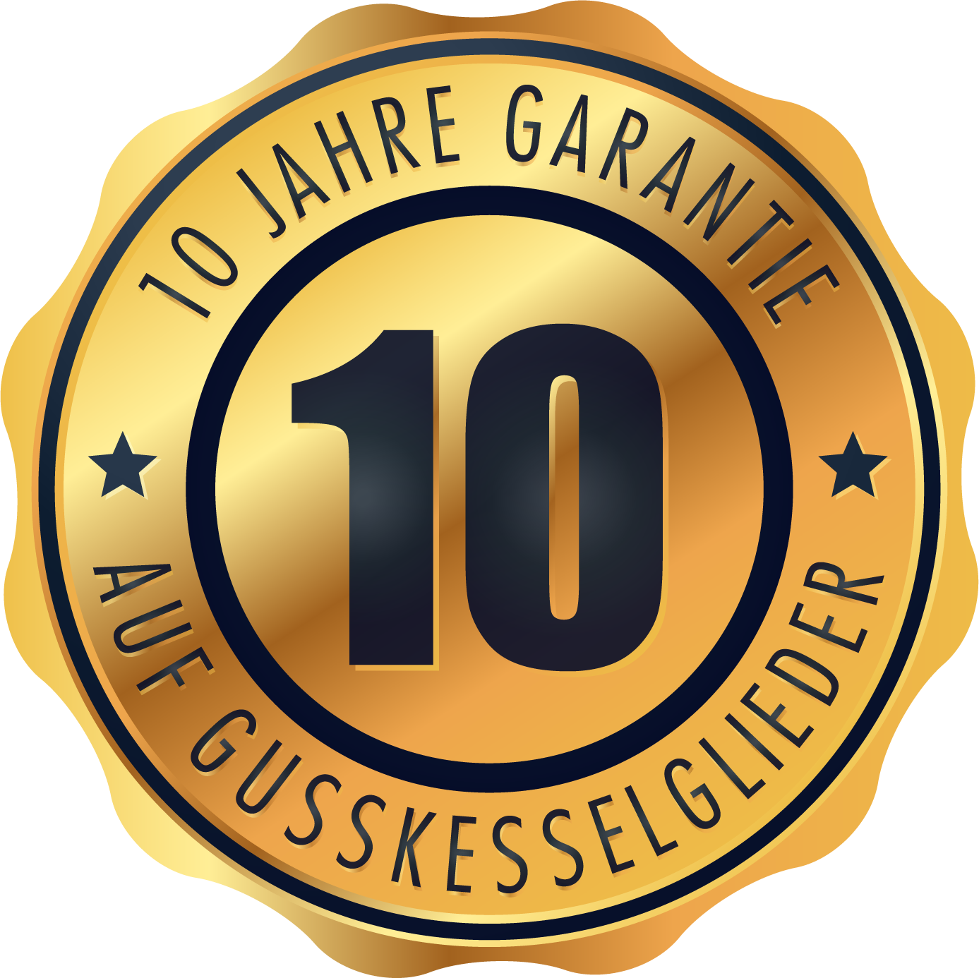 Goldenes Gütesiegel mit 10 Jahren Garantie auf Gusskesselglieder für Heizlösungen.