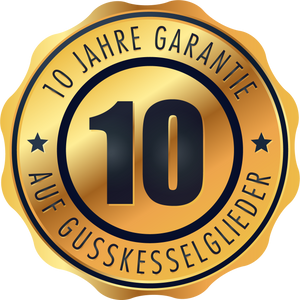 Goldenes Gütesiegel mit 10 Jahren Garantie auf Gusskesselglieder für Heizlösungen.