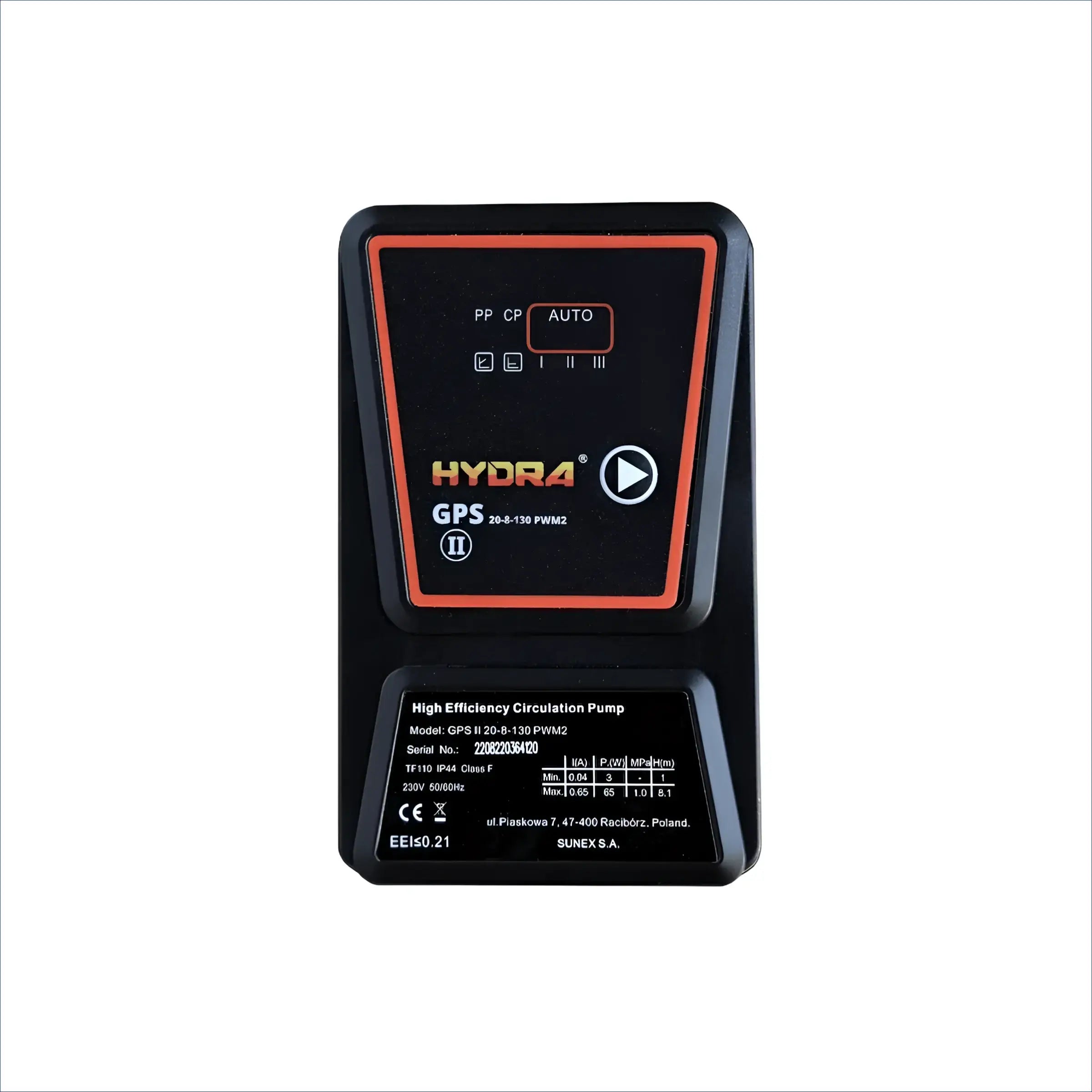 Schwarze Circulationspumpe mit orangefarbener Umrandung für Solarpumpe Hydra GPS mit externem PWM Signal