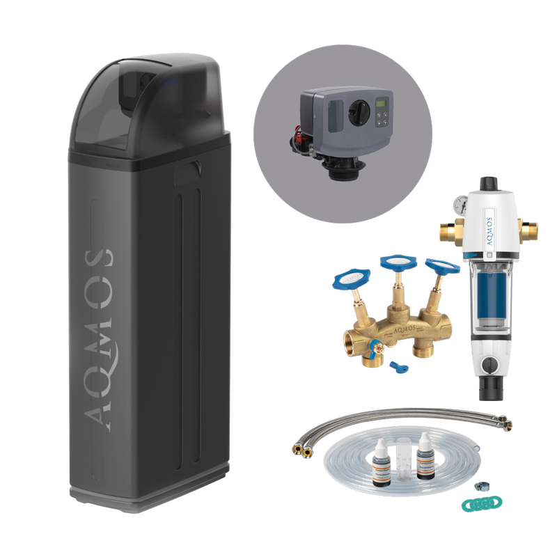 Σύστημα αποσκλήρυνσης νερού AQMOS R2D2-72 Black Edition σετ με φίλτρο αντίστροφης έκπλυσης, σετ σύνδεσης και μπλοκ τοποθέτησης