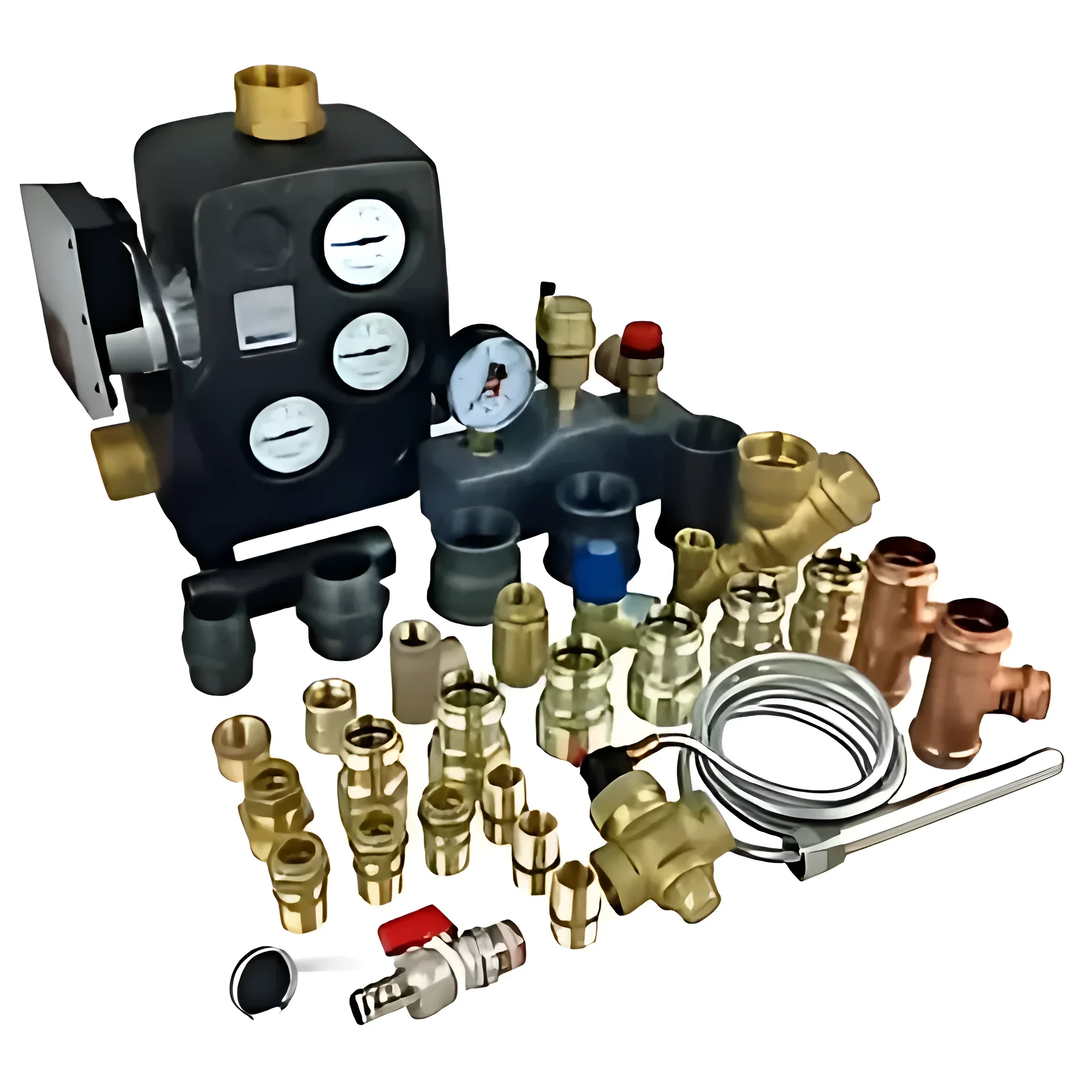 Komplettpaket mit Heizungsteilen, Druckmessgeräten und verschiedenen Armaturen für effiziente Energieversorgung 💧⚙️.