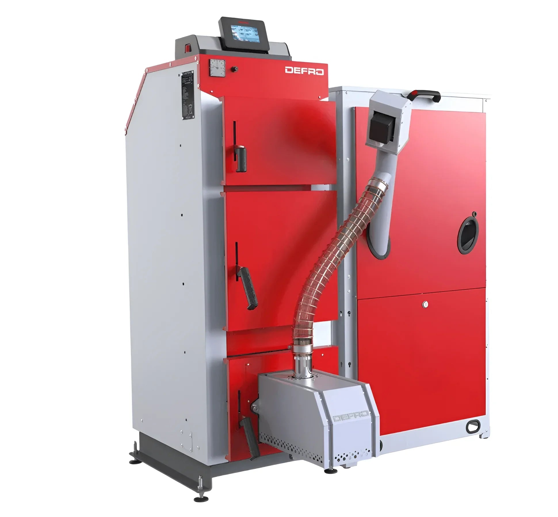 Redu and grauer Industrieheizkessel des Defro Komfort Ekopell mit Holztechnik