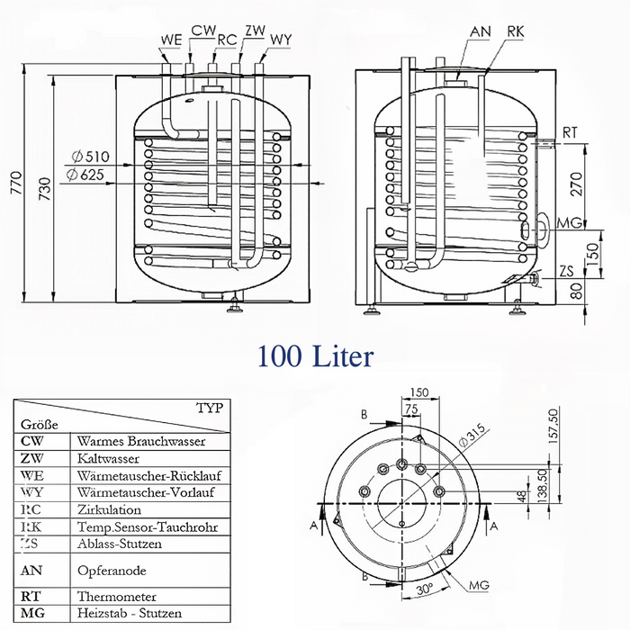 Trinkwasserspeicher 100 L mit Incoloy 825 Heizstab 2 kW