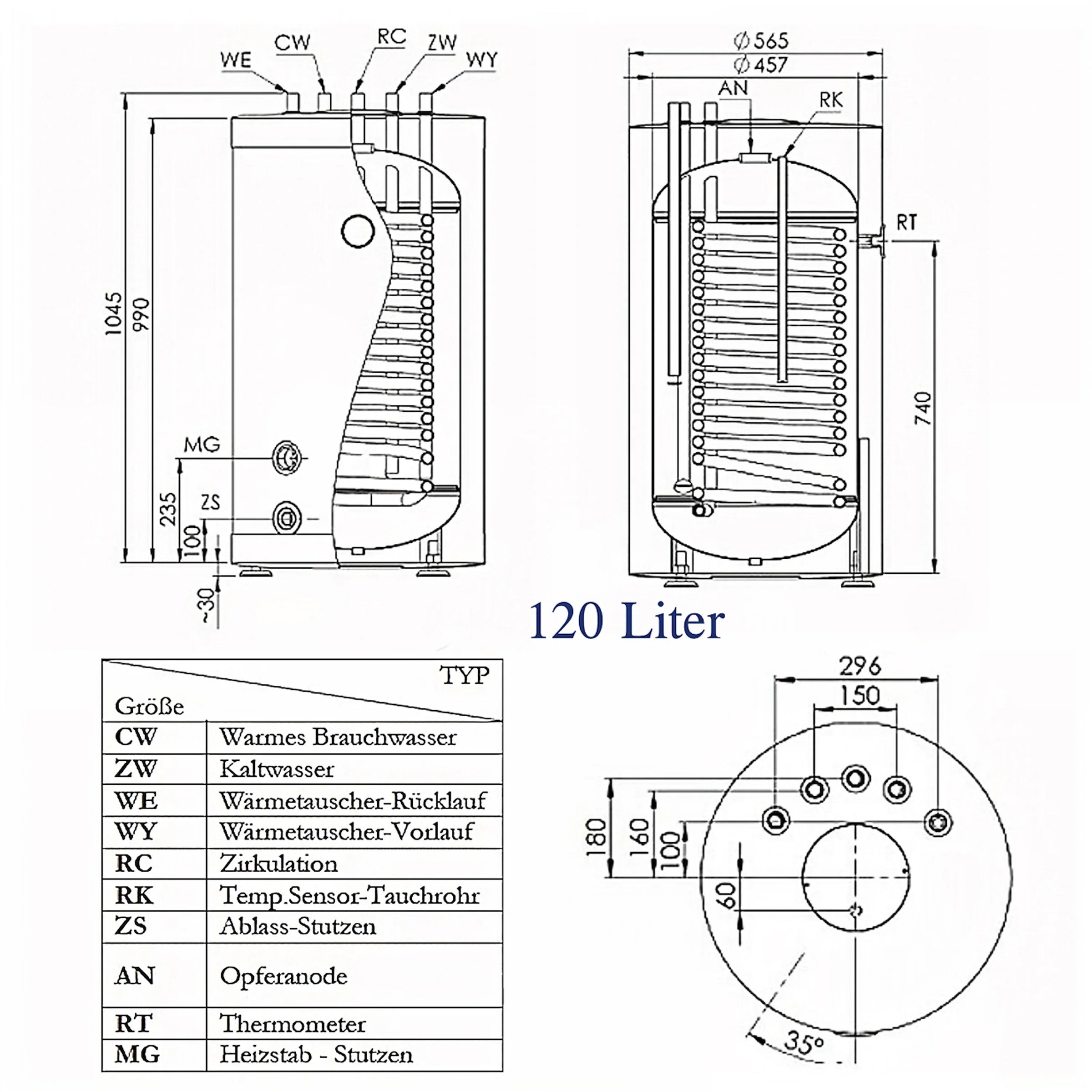 Technische Zeichnung des GEMA Warmwasserspeichers mit Heizstab, Dimensionen und Spezifikationen