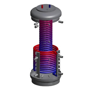 Technische Zeichnung eines Hygienespeichers mit Rot-🔴 und Blau-🔵 Spiralen für Heizlösungen.