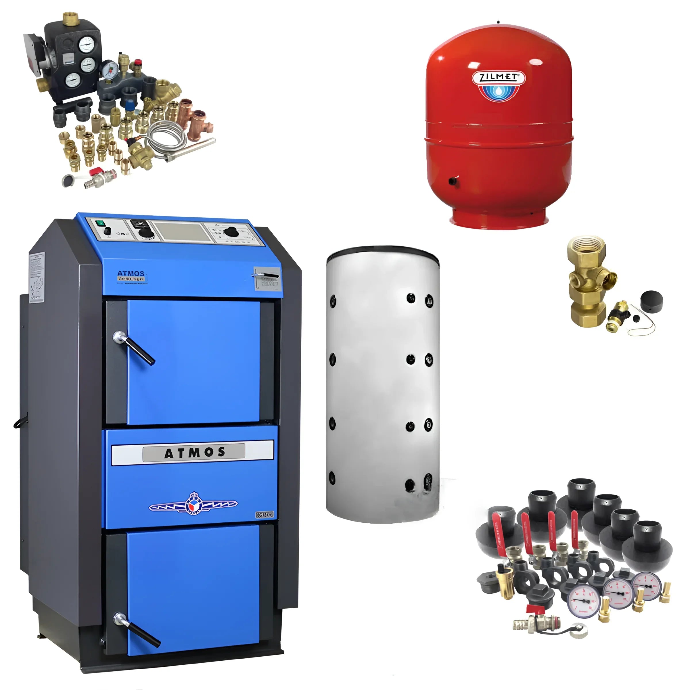Atmos Holzvergaserkessel Komplettpaket 🔥 mit Pufferspeicher 💧, verschiedenen Komponenten für effiziente Heizsysteme.