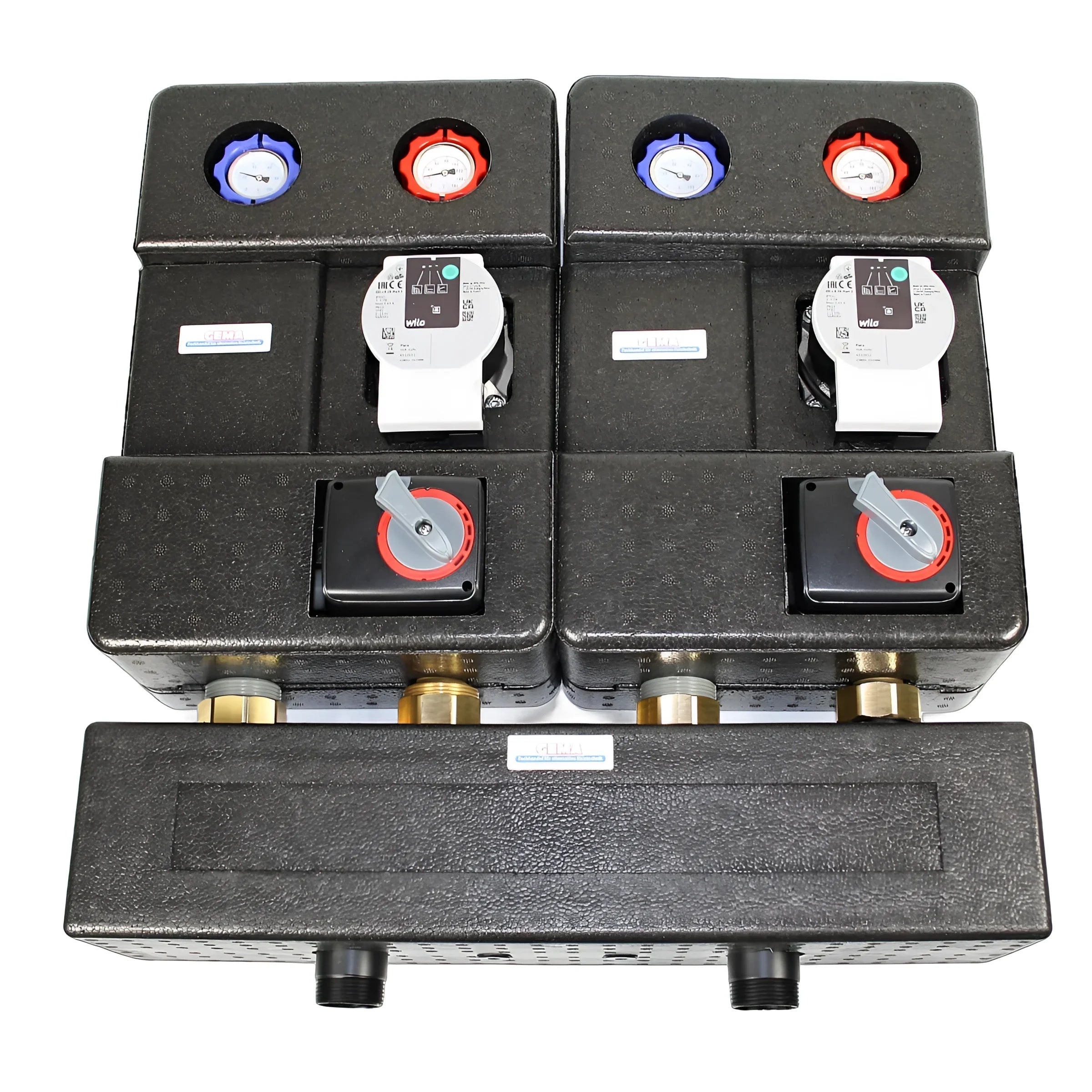 Dual-Manifold-Assembly mit Durchflussmessern und Temperaturanzeigen für Heizkreisverteiler