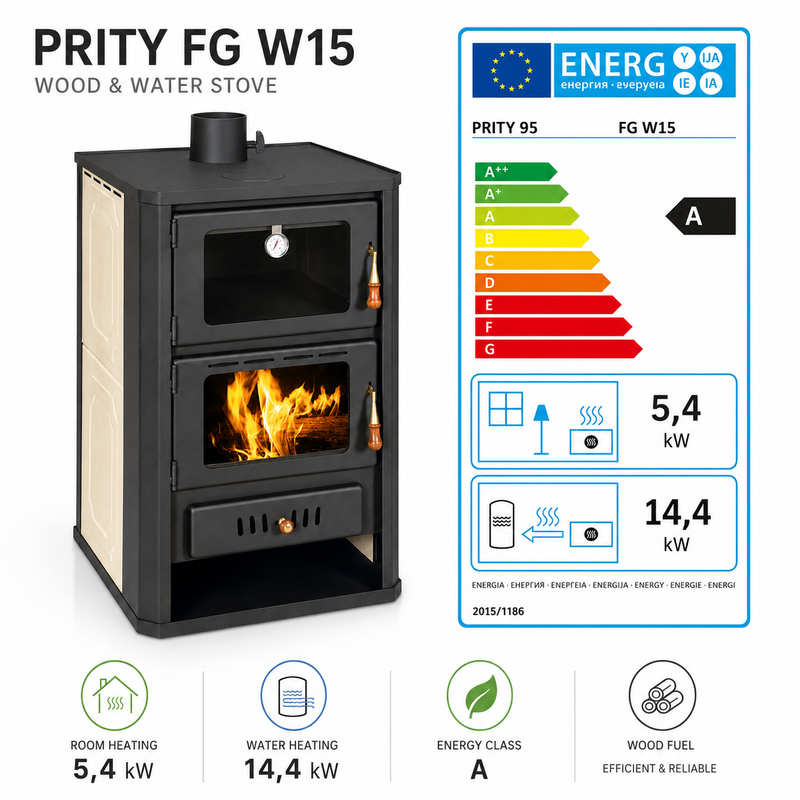 Wasserführende kacheloven met bakoven Prity crème - 19,8 kW