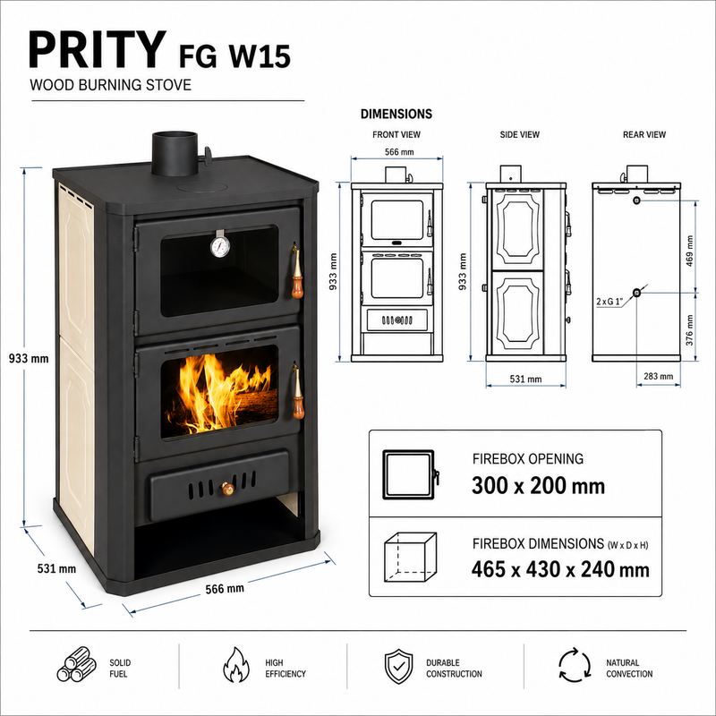 Wasserführende kacheloven met bakoven Prity crème - 19,8 kW