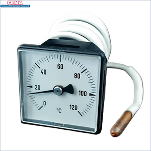 Quadratischer Thermometer mit weißen Coiled-Tubus und kupferfarbenem Sensor für Defro DS Heizkessel