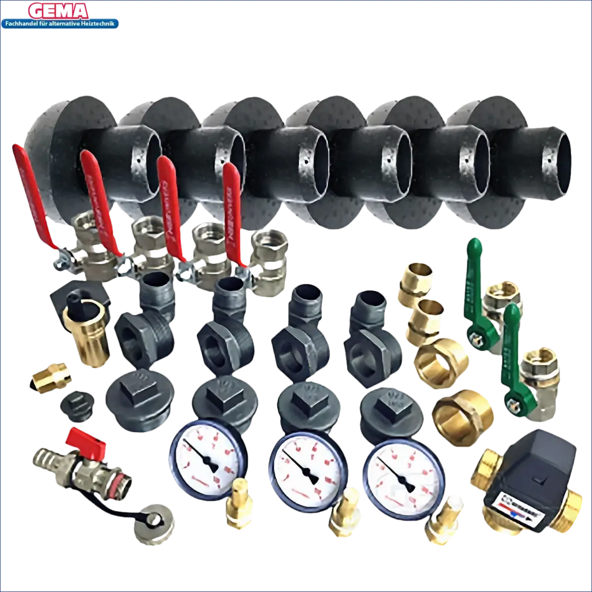 Plumbing manifold with fittings including Reduzierstück Schwarz and Stopfen Schwarz for Anschluss