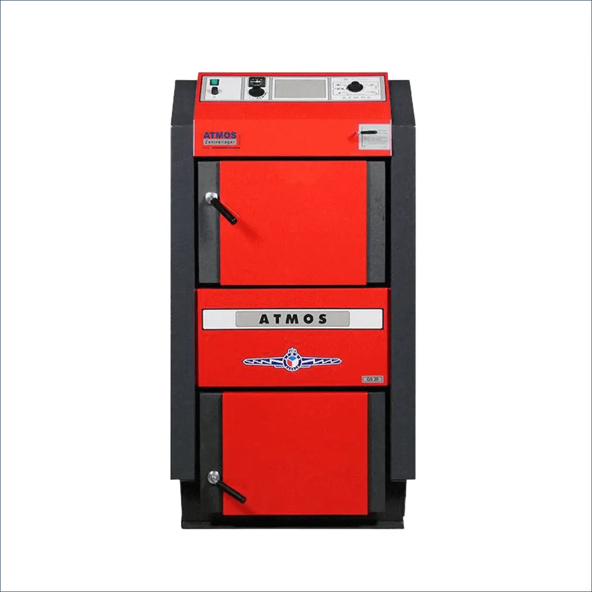 Roter und grauer Atmos Holzvergaser mit 25 kW Leistung für effizientes Heizen