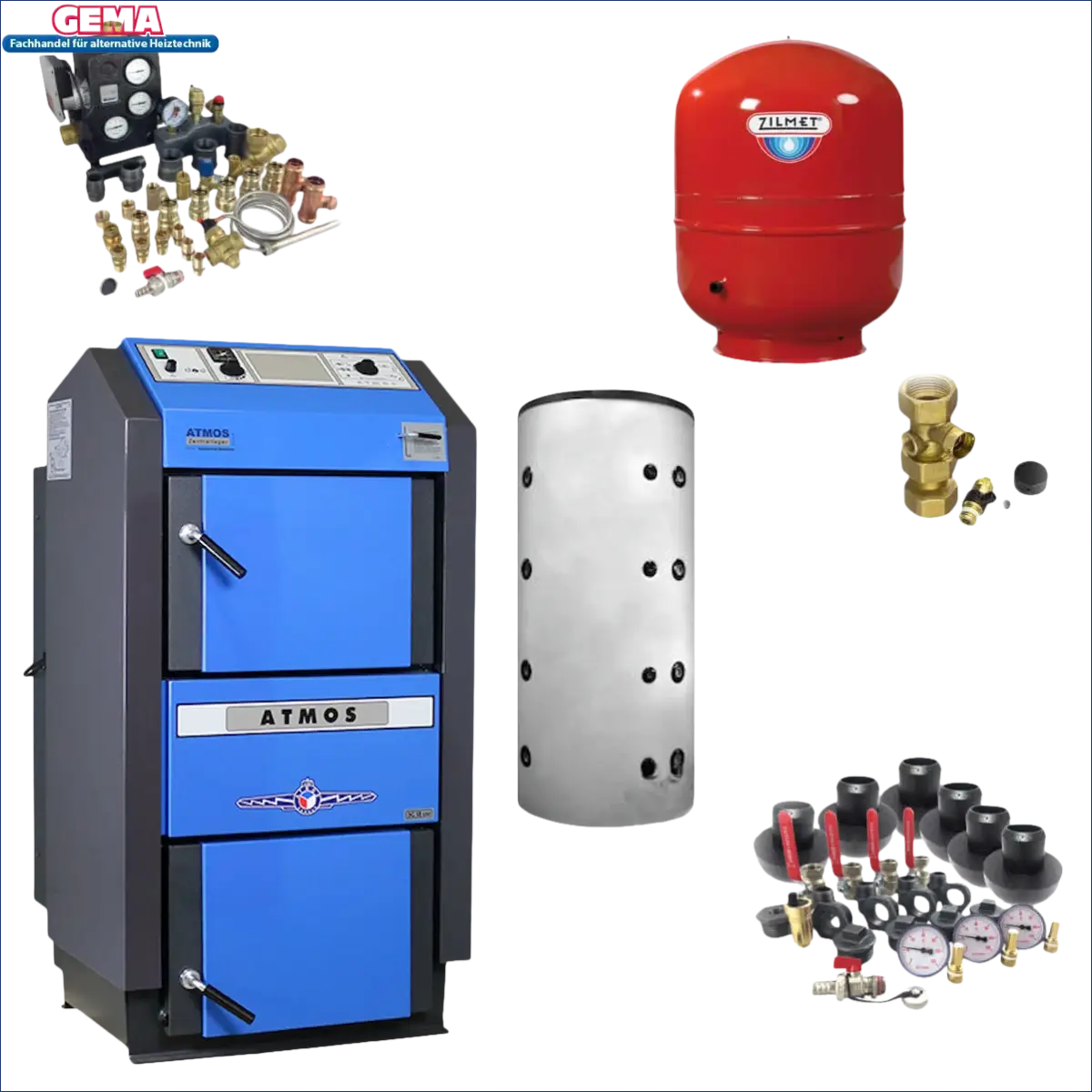 Blaue und graue Holzvergaserheizung atmos dc18gse im komplettpaket atmos mit Pufferspeicher