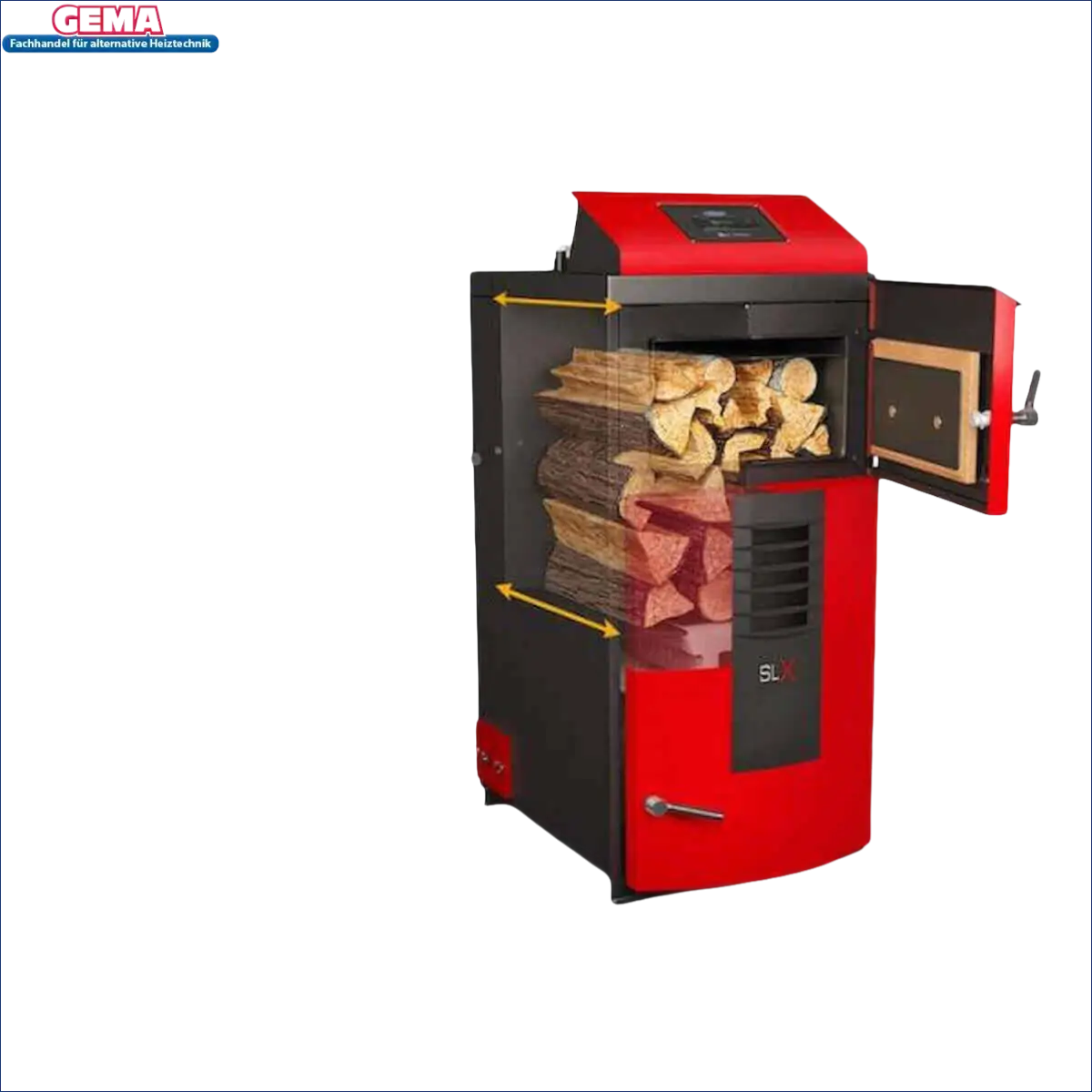 Roter und schwarzer Holzvergaser mit geöffneter Tür für Attack SLX Kombikessel 35 kW