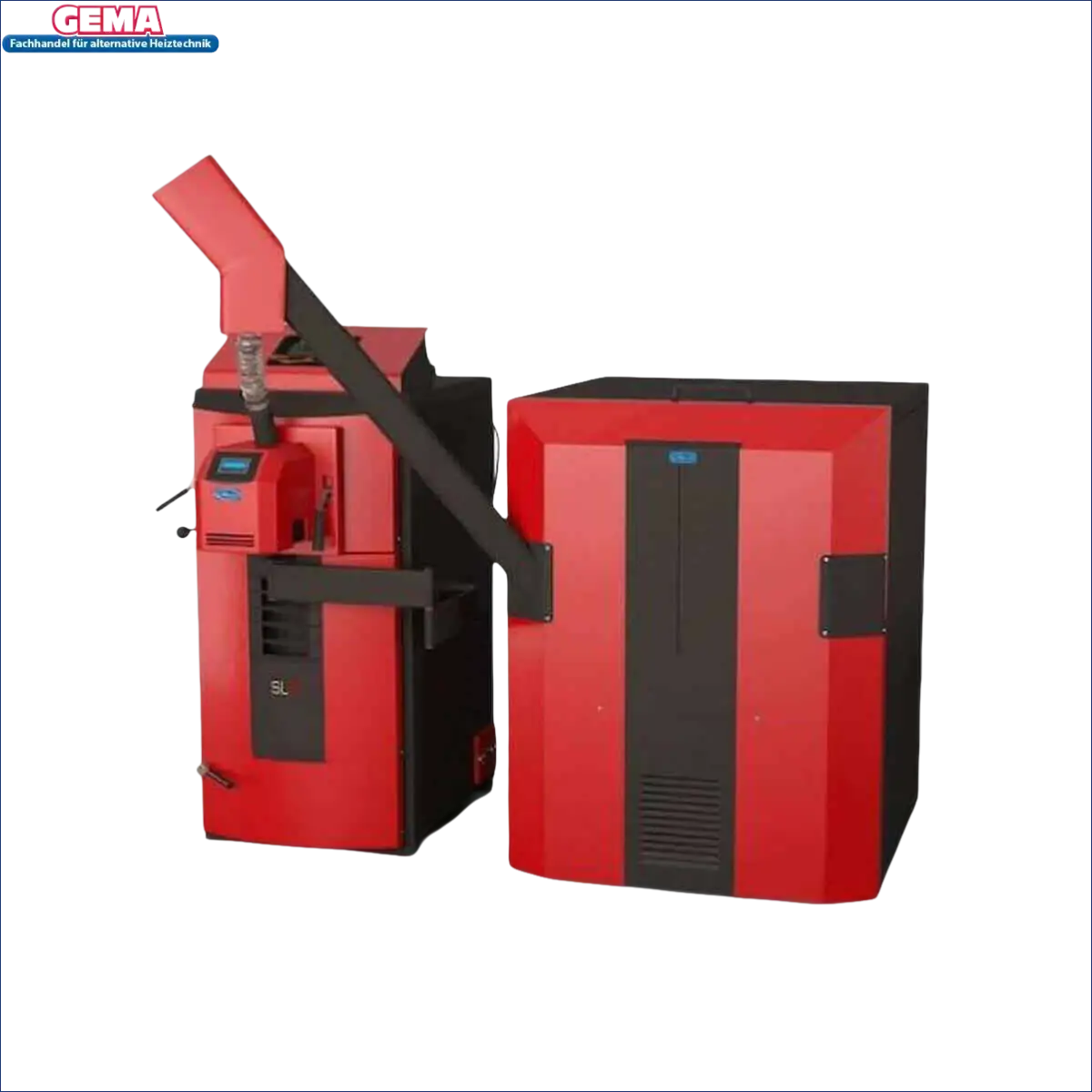 Red und schwarzer Pelletkessel Attack SLXKombikessel für Holz und Pellets 25 kW