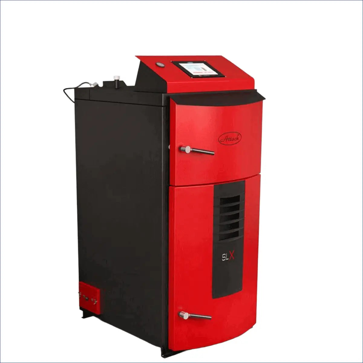 Roter und schwarzer Heizkessel aus dem Attack SLX Lambda Touch 20 kW Holzvergaser