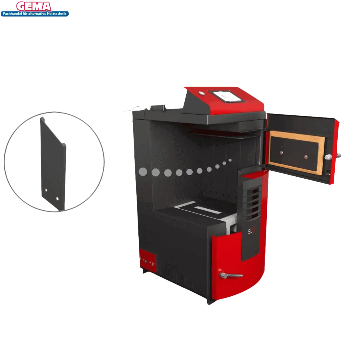 Roter und schwarzer Holzvergaser mit offenem Tür beim Attack SLX Profi 45 kW