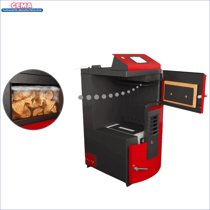 Rot und schwarz Holzvergaser-Heizkessel Attack SLX Profi 55 kW in Betrieb