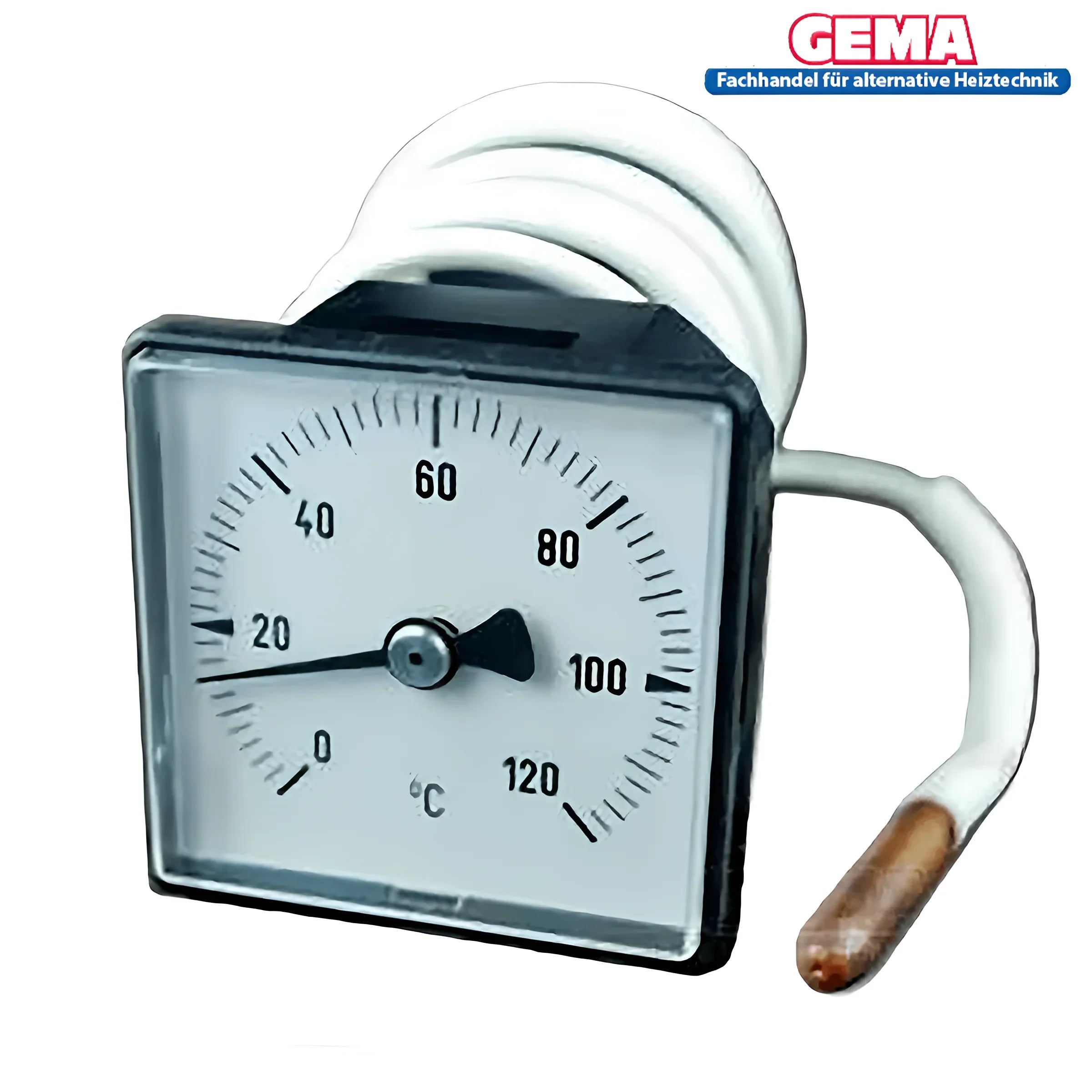 Analoges Thermometer Defro DS Heizkessel mit quadratischem Gehäuse, Kupfersensor und Spiralschlauch