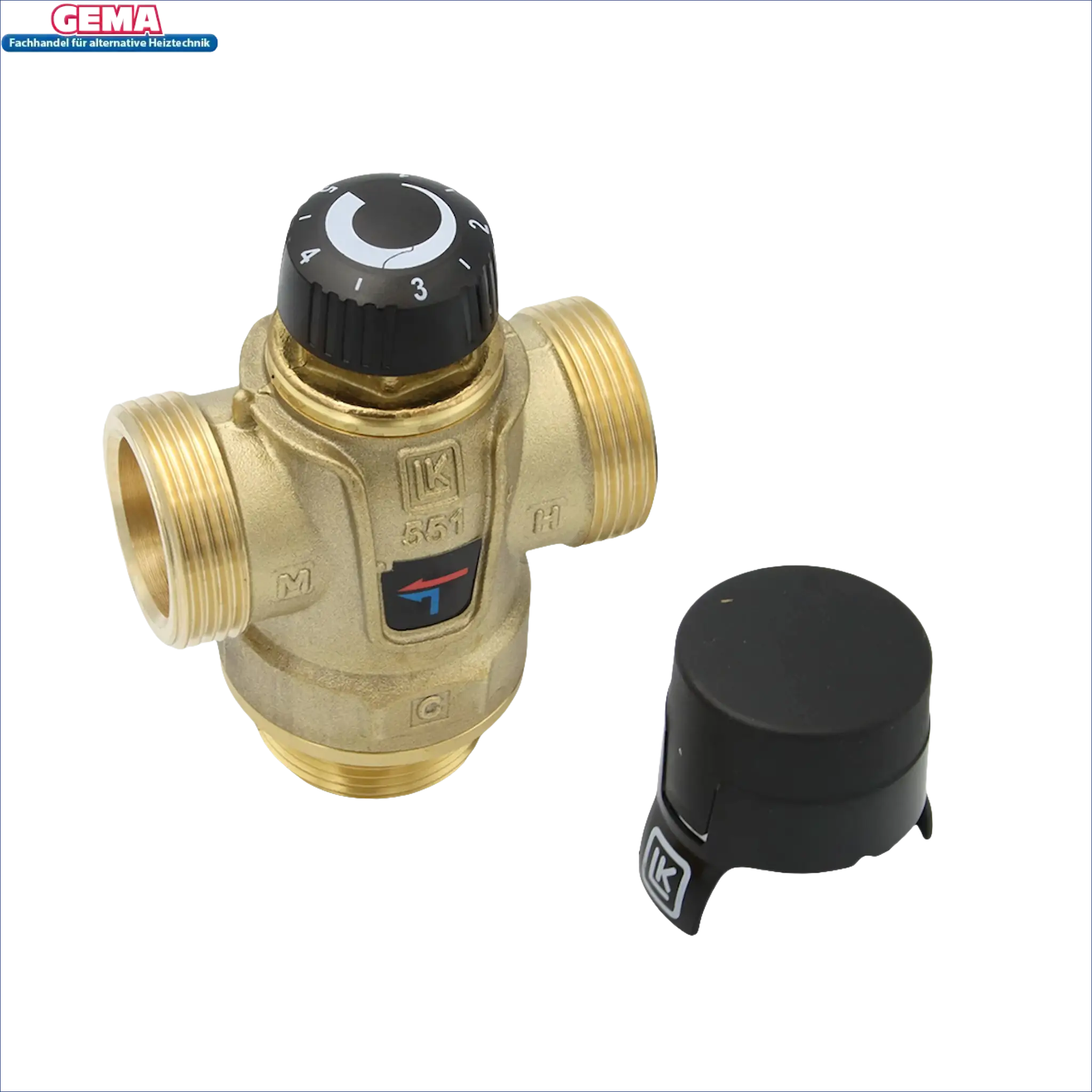 Brass thermostatic mixing valve with black adjustment knob, ideal for Kessel Speicher and Boilers
