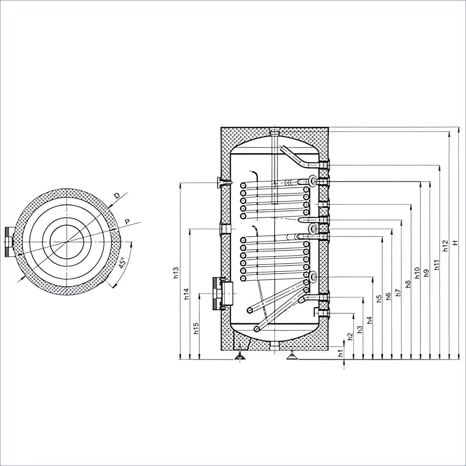 Technische Zeichnung des Warmwasserspeicher Sunex S2 X aus S235JR Stahl