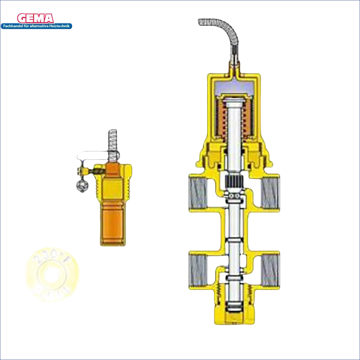 Labeled valve diagram illustrating the Caleffi doppelte thermische Ablaufsicherung ½