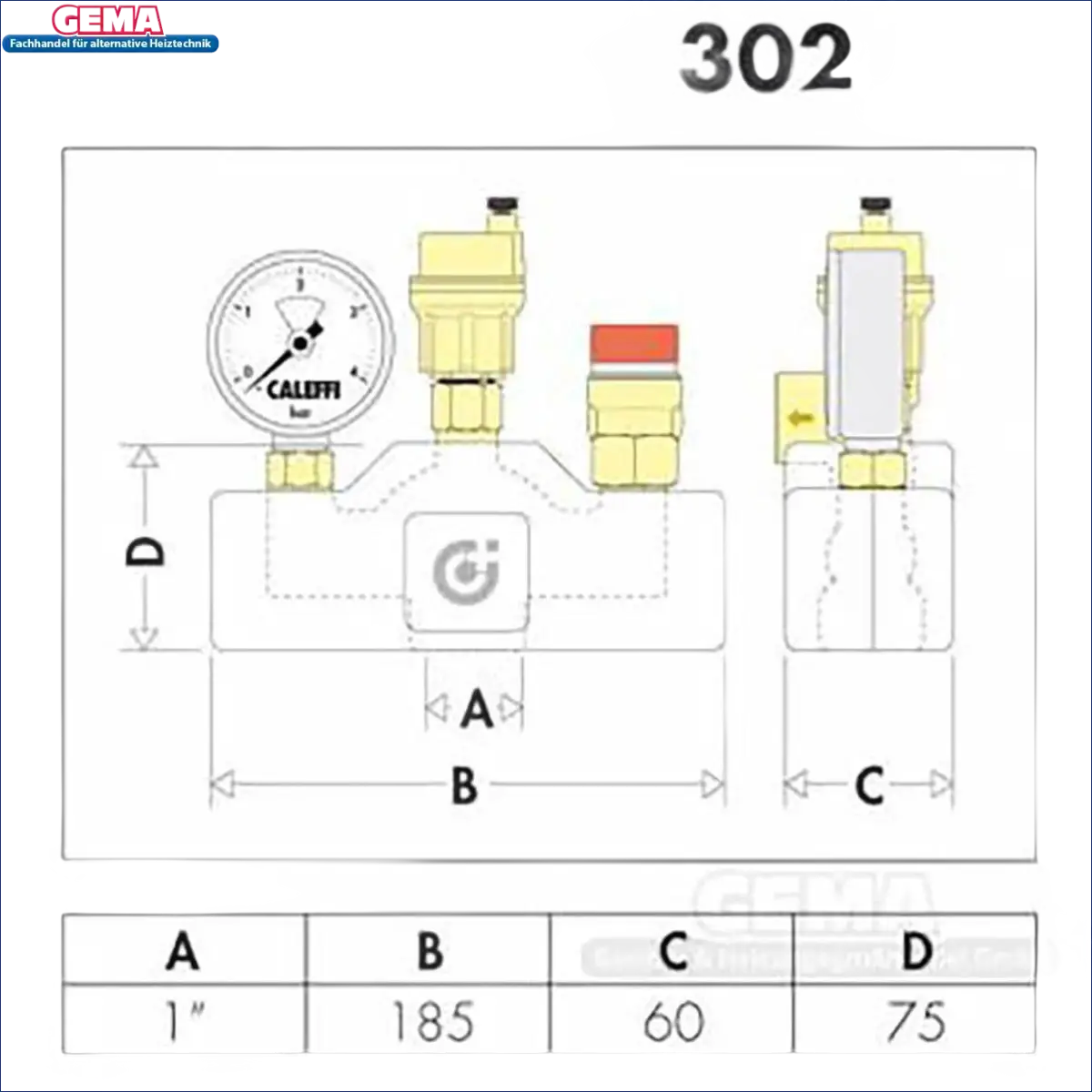 Plumbing-Komponentendiagramm mit Maßen für Caleffi Kesselsicherheitsgruppe 1-Zoll Sicherheitsventil