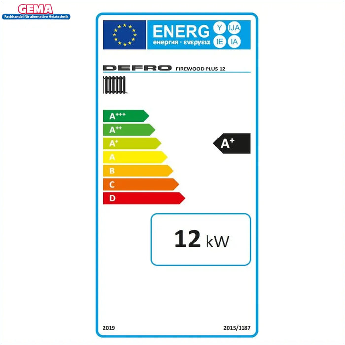 Energieeffizienzlabel für den Defro Firewood Plus 12 kW 🔥. A+ Bewertung, effiziente Nutzung von Holz!