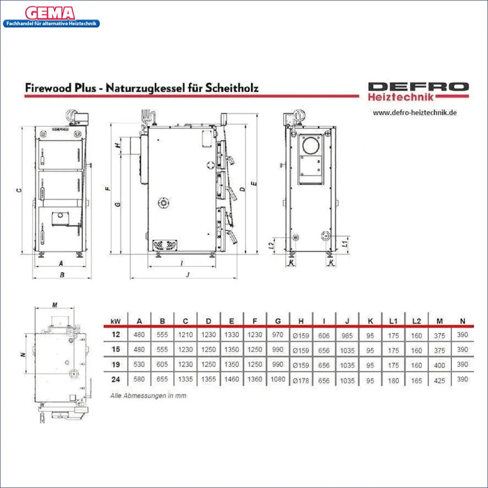 Diagram of Defro Firewood Plus 12 kW Scheitholzkessel with dimensions and specifications for installation 🔧🔥
