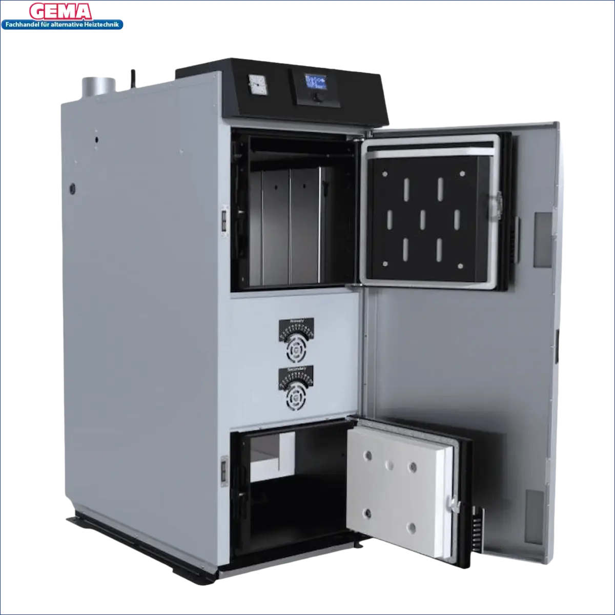 Graue Industrieheizung mit offenen Türen für den Defro Optima HG Holzvergaserkessel 25 kW