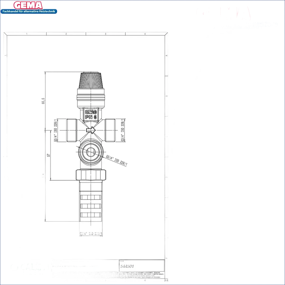Bild einer Armatur mit Diagramm und Maßen der doppelten thermischen Ablaufsicherung