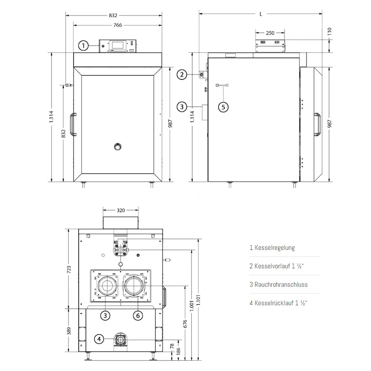 Technische Zeichnung eines IBC Holzvergaserkessel GK-7k-öko 25 kW mit Maßen